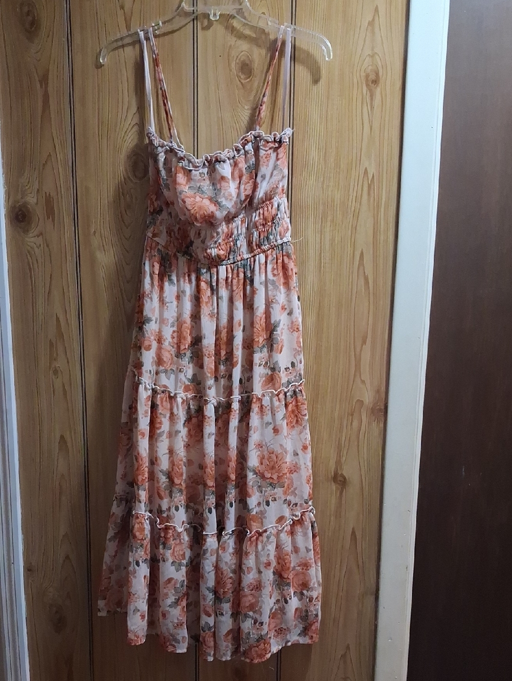 Trixxi Peach Floral Tiered Spaghetti-Strap Maxi Dress